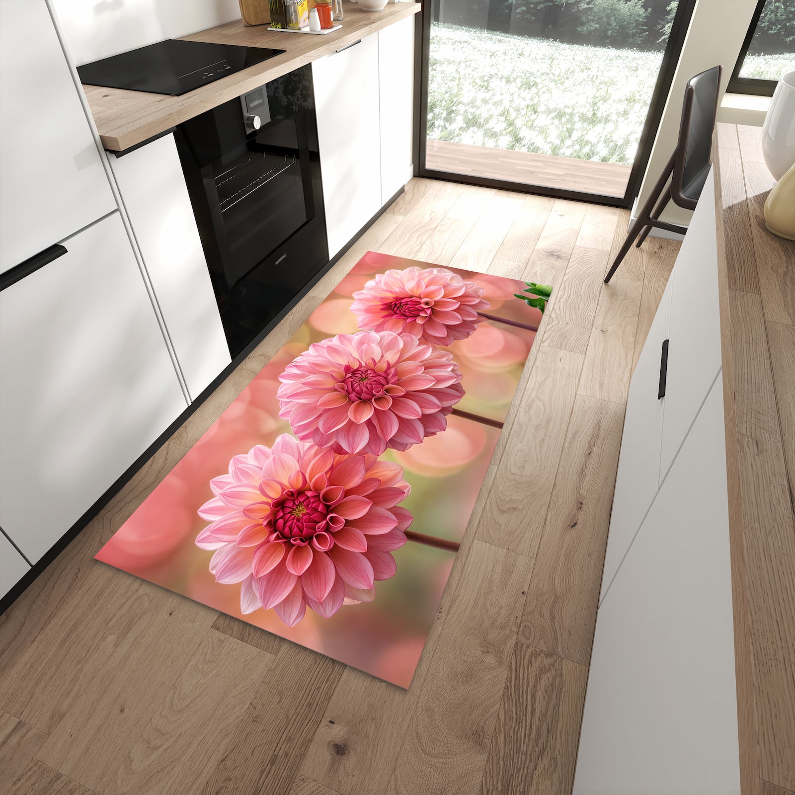 Pflegeleichter Küchenteppich mit Motiv Drei Blumenblüten in moderner Küche