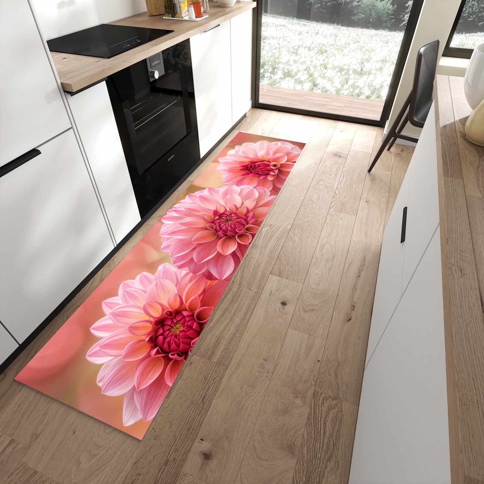 UV-beständiger waschbarer Küchenteppich mit Motiv Drei Blumenblüten in moderner Küche
