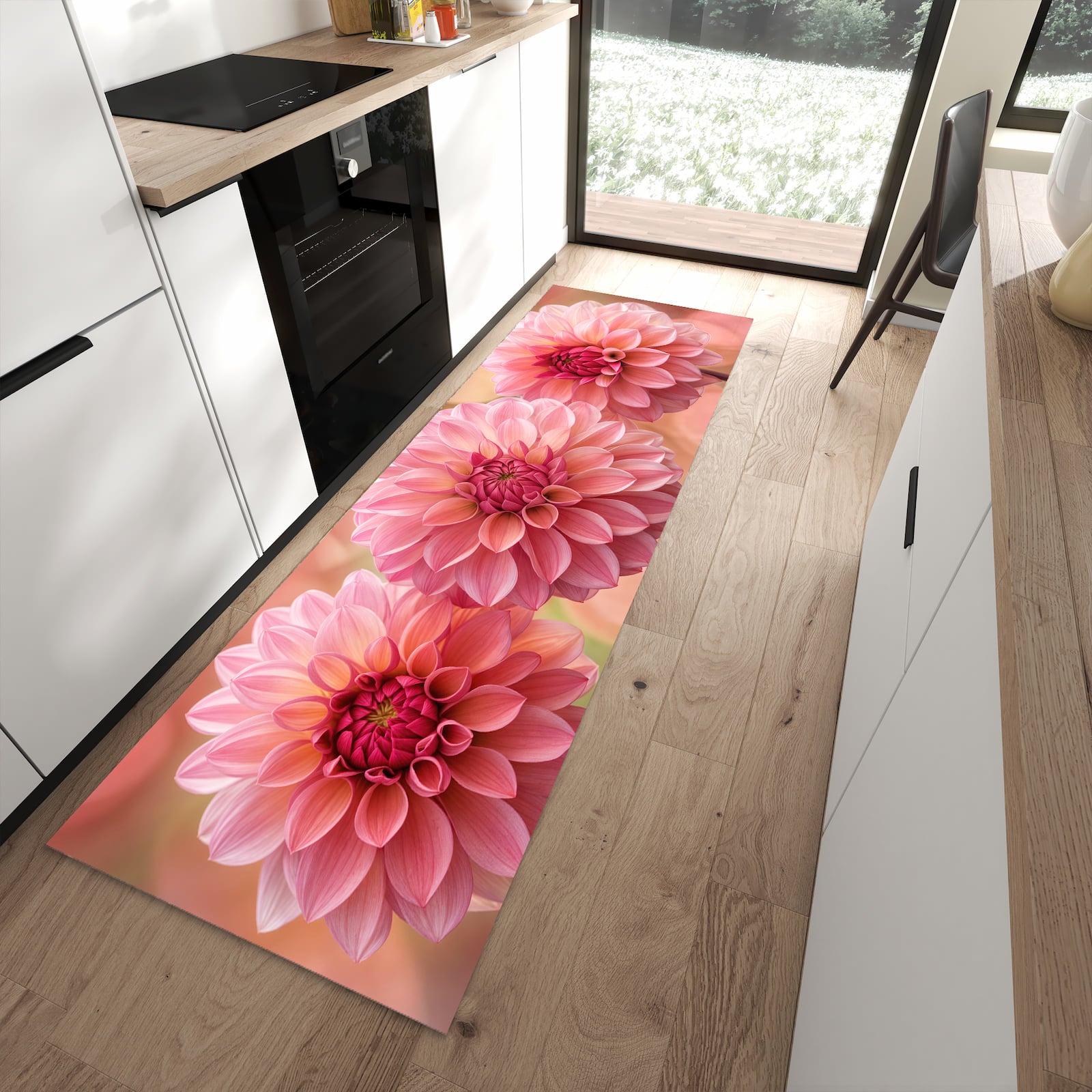 Geruchsneutraler Bodenläufer Teppich mit Motiv Drei Blumenblüten in moderner Küche