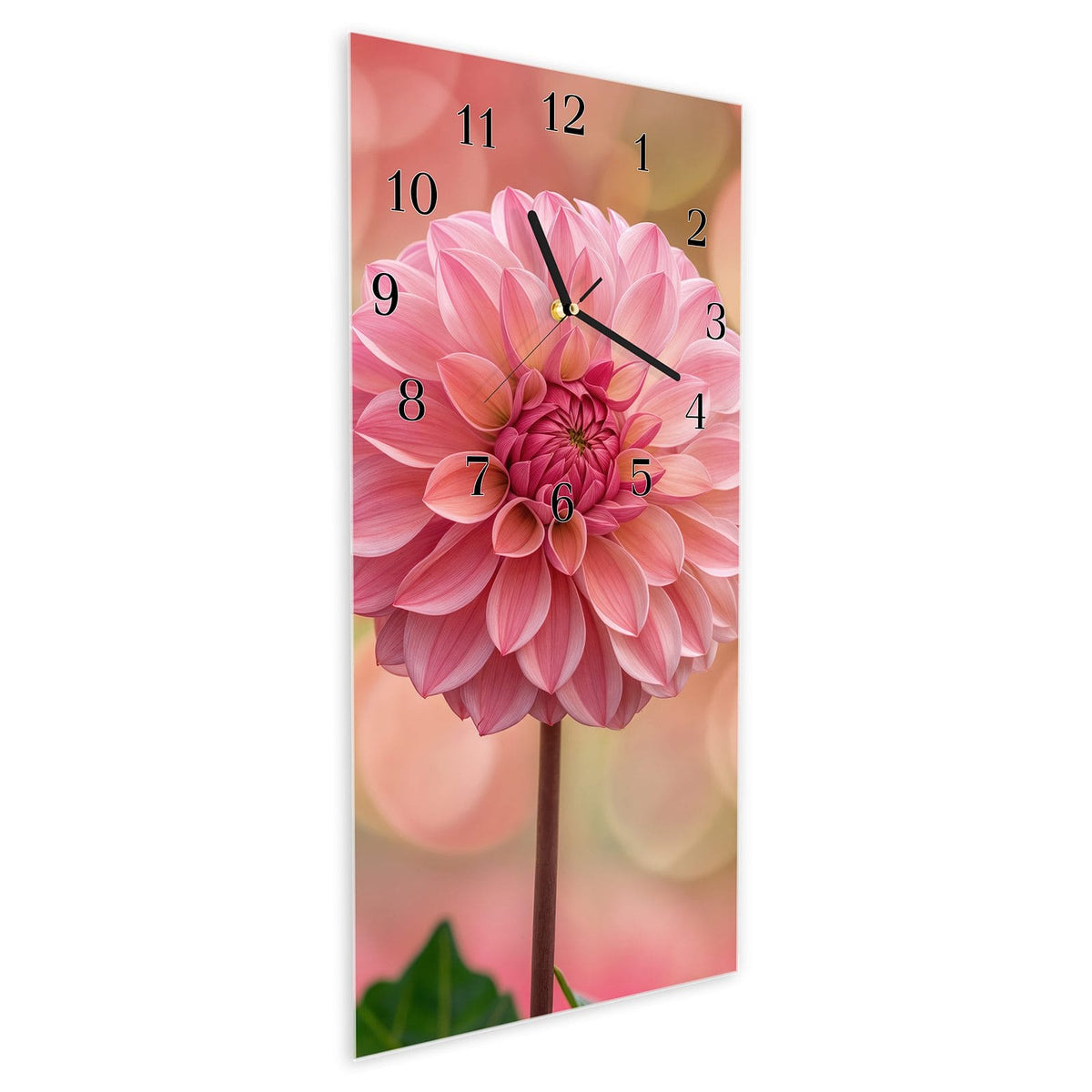 Vormontiert – mit Schwebeeffekt – Wanduhr Drei Blumenblüten aus Glas – Hochformat 30 × 60 cm