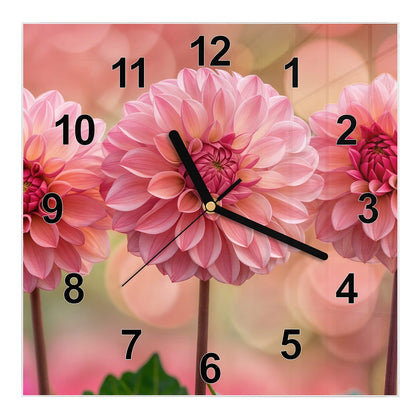Wanduhr Quadratisch mit dem Motiv Drei rosa Dahlien