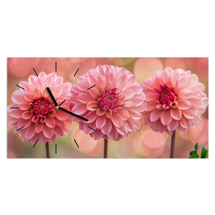 Wanduhr Drei Blumenblüten aus Glas – Querformat 60 × 30 cm mit Ziffernblatt Linie