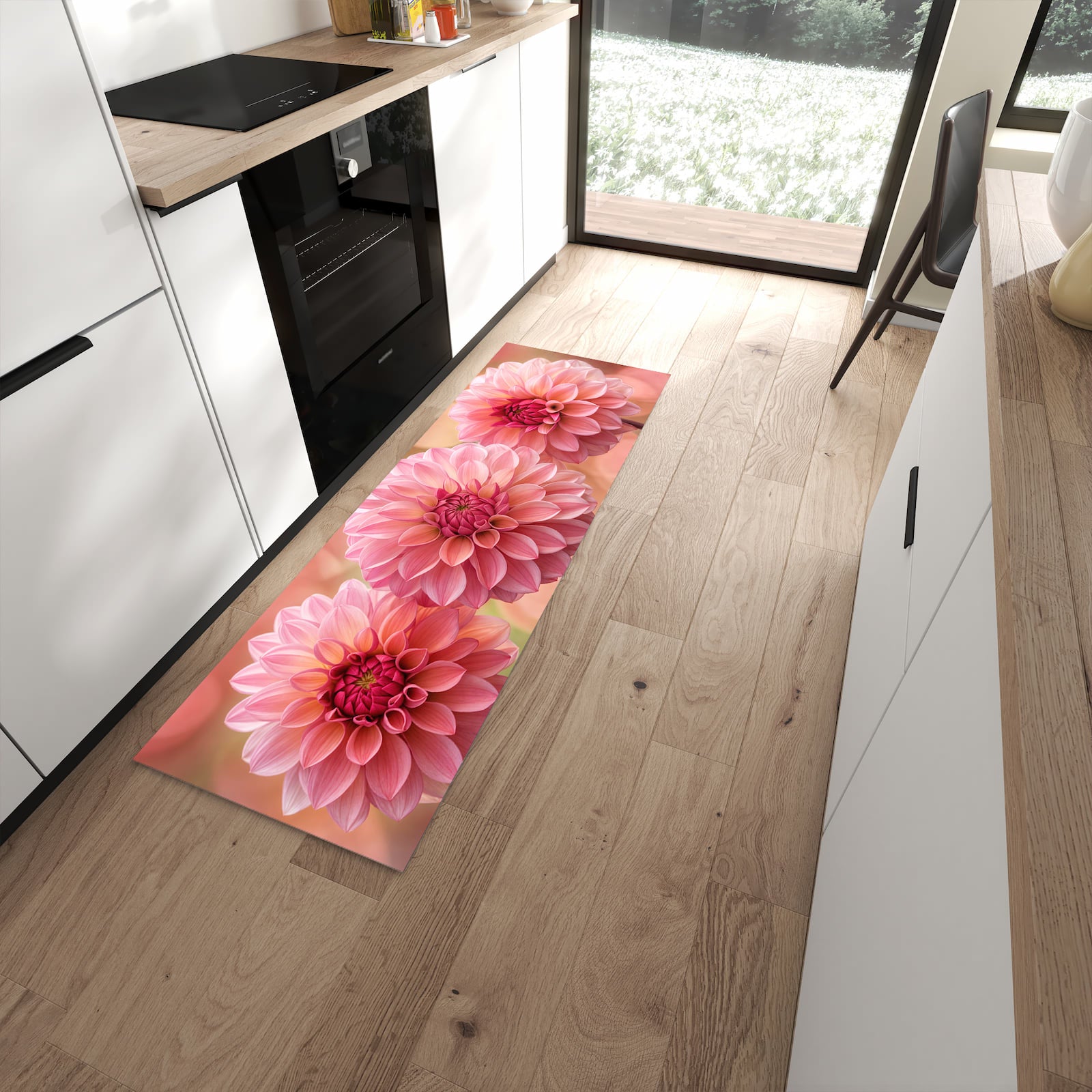Abriebfester Küchenteppich mit Motiv Drei Blumenblüten in moderner Küche