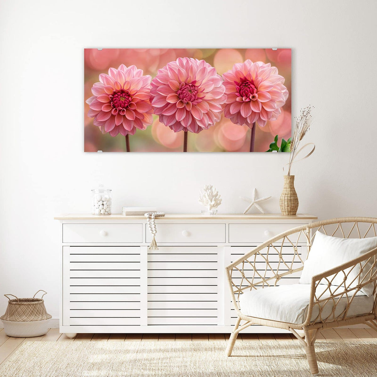Echtglas, 4 mm – kein Acryl, keine Folie – Wandbild - Drei rosa Dahlien - Querformat