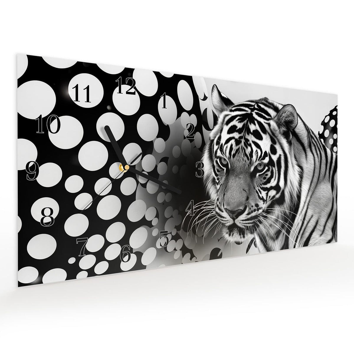 Vormontiert – mit Schwebeeffekt – Wanduhr Tigerpunkte aus Glas – Querformat 60 × 30 cm