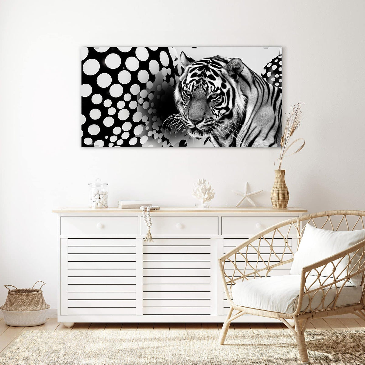Echtglas, 4 mm – kein Acryl, keine Folie – Wandbild - Tiger und Kreise - Querformat