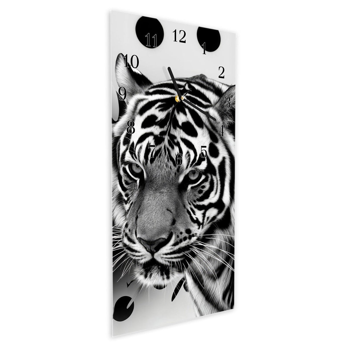 Vormontiert – mit Schwebeeffekt – Wanduhr Tigerpunkte aus Glas – Hochformat 30 × 60 cm
