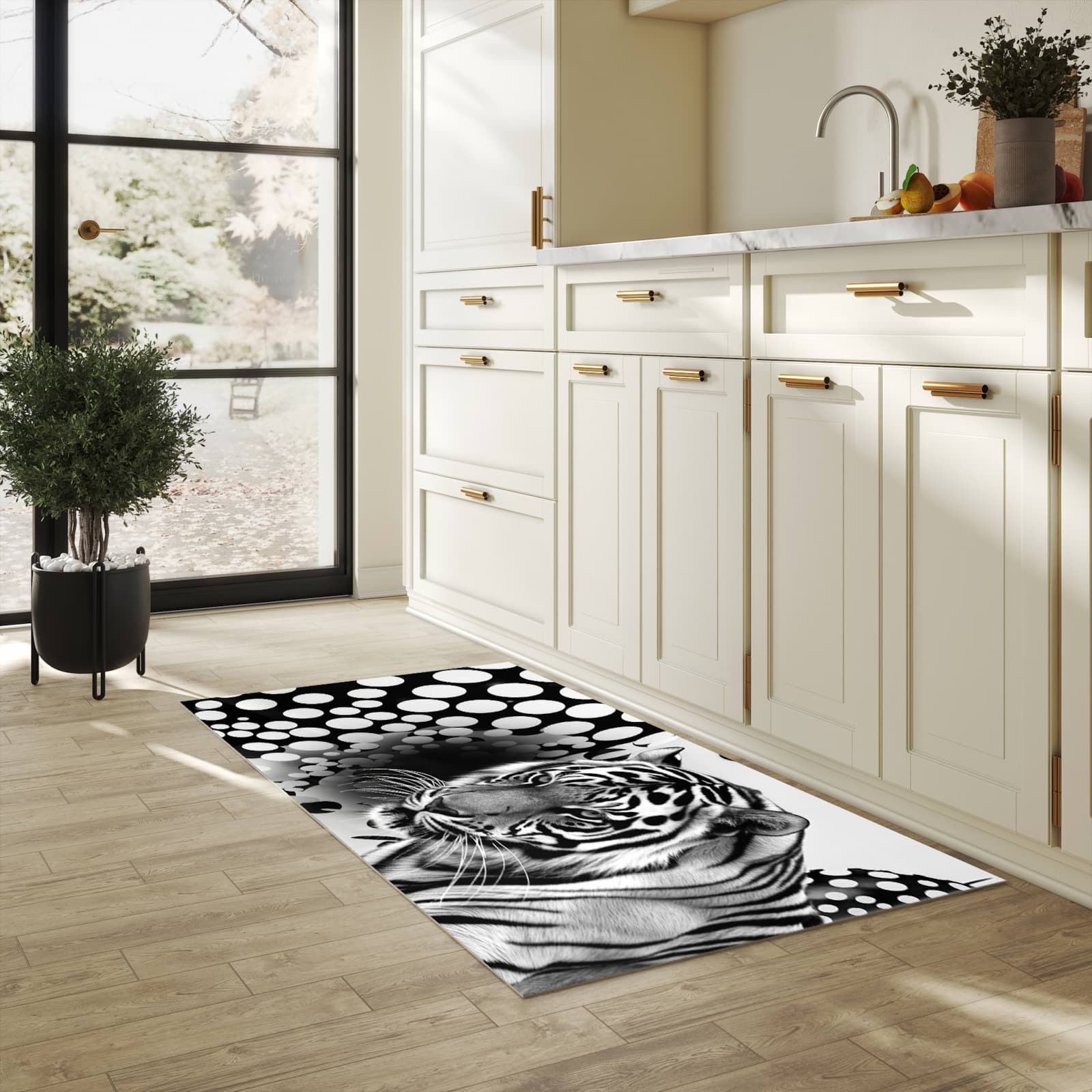 Abwaschbarer Küchenteppich mit Motiv Tigerpunkte in heller Küche
