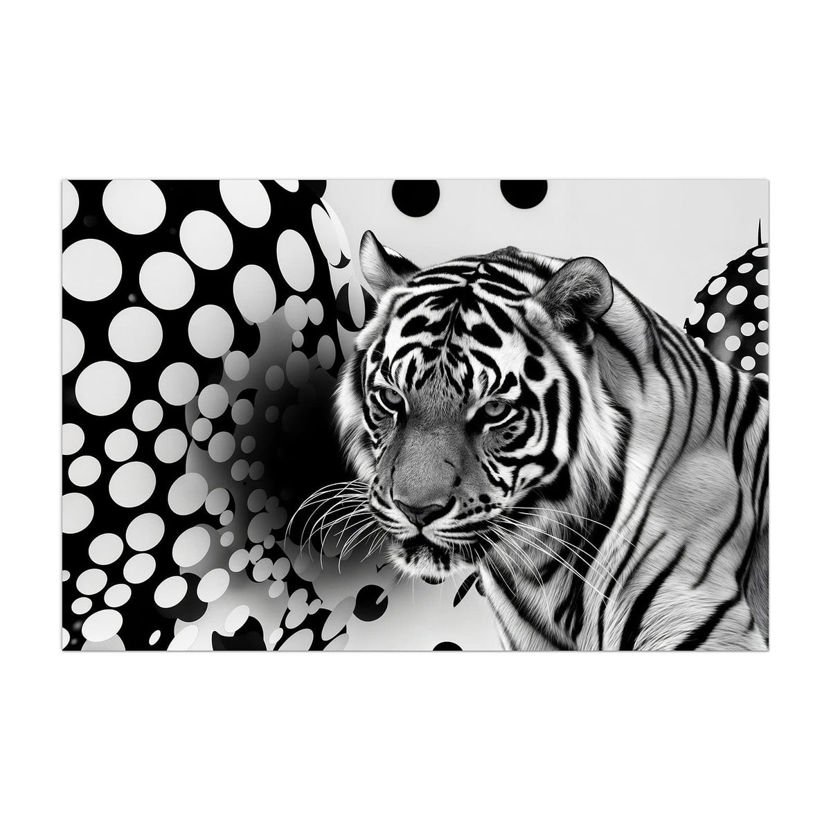 Küchenrückwand aus Glas Tiger und Kreise im Hochformat, Motiv bildfüllend von vorn