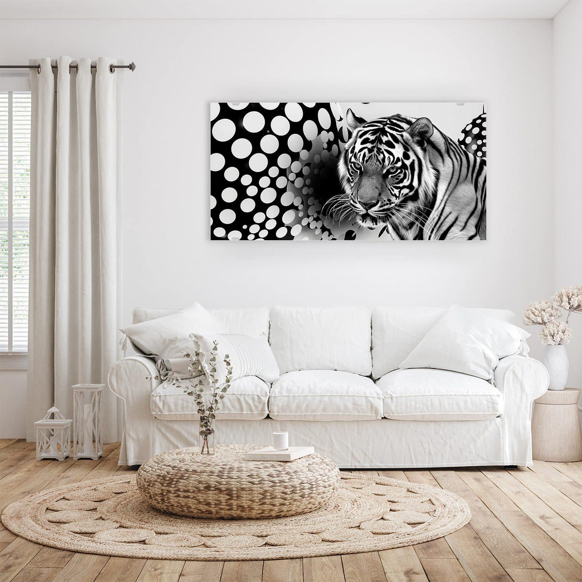 Wandbild - Tiger und Kreise - Querformat – Tiger zwischen schwarz-weißen Kreisen