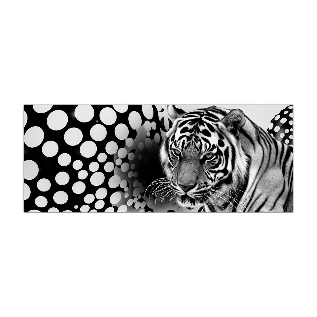 Küchenrückwand aus Glas Tiger und Kreise im Hochformat, Motiv bildfüllend von vorn