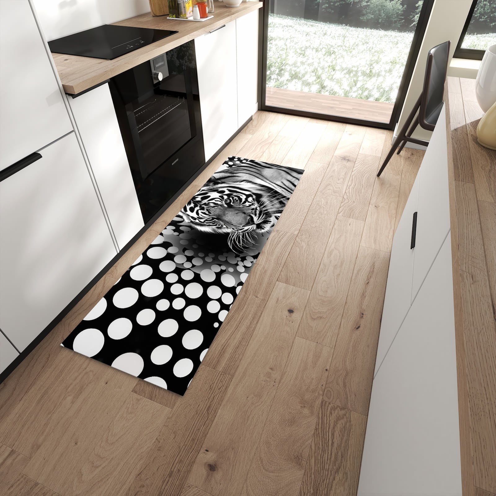 Strapazierfähiger Küchenläufer mit Motiv Tigerpunkte in moderner Küche
