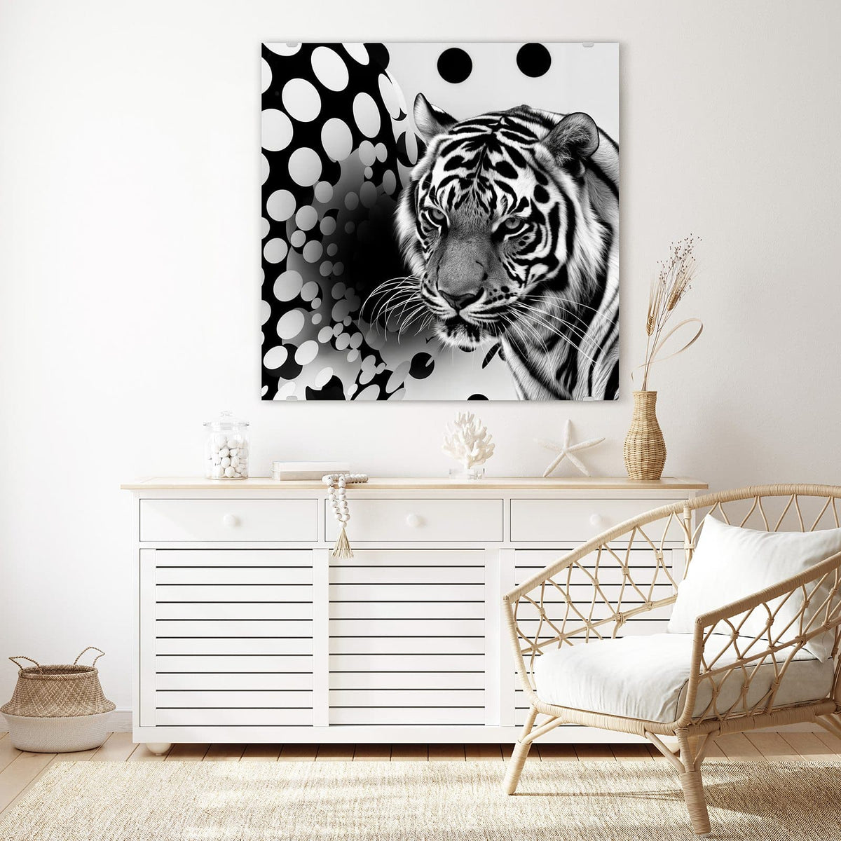 Echtglas, 4 mm – kein Acryl, keine Folie – Wandbild - Tiger und Kreise - Quadratisch