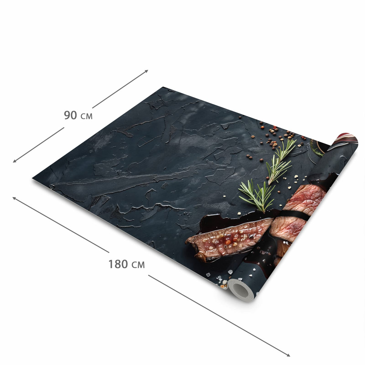 Bodenschonender Küchenteppich mit Motiv Steak und Rotwein in der Grösse 80x280 cm
