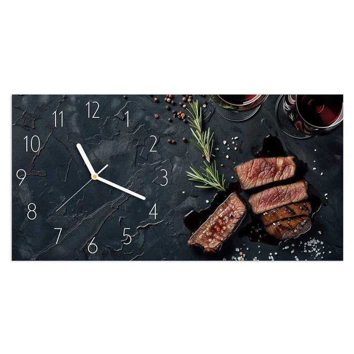 Wanduhr Steak und Rotwein aus Glas – Querformat 60 × 30 cm mit Ziffernblatt Elegant