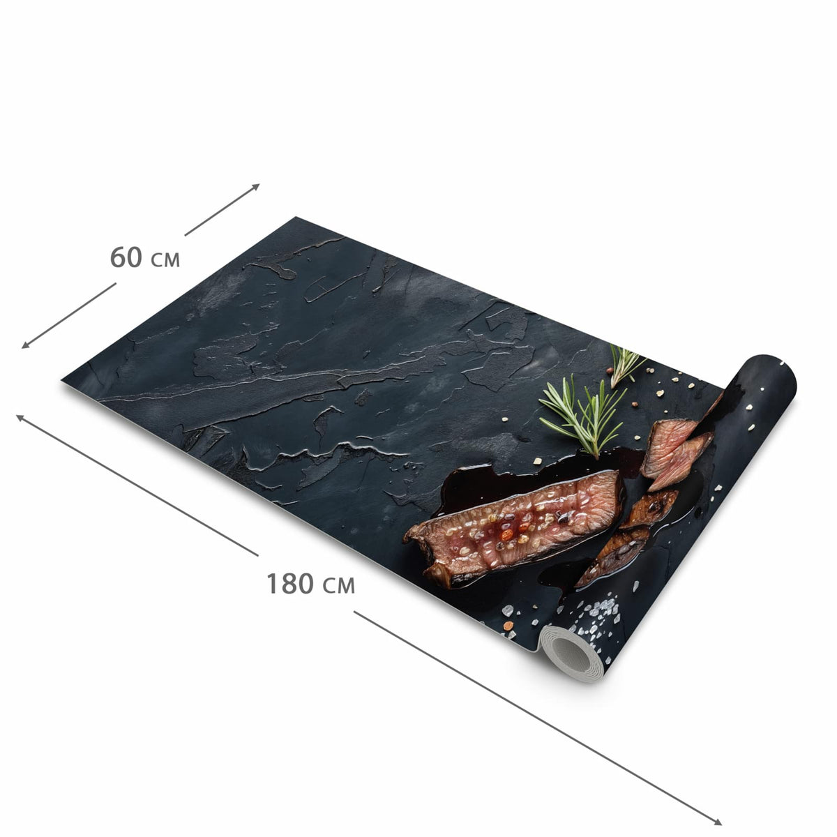 Abwaschbarer Küchenläufer mit Motiv Steak und Rotwein in der Größe 80x280 cm für angenehme Haptik