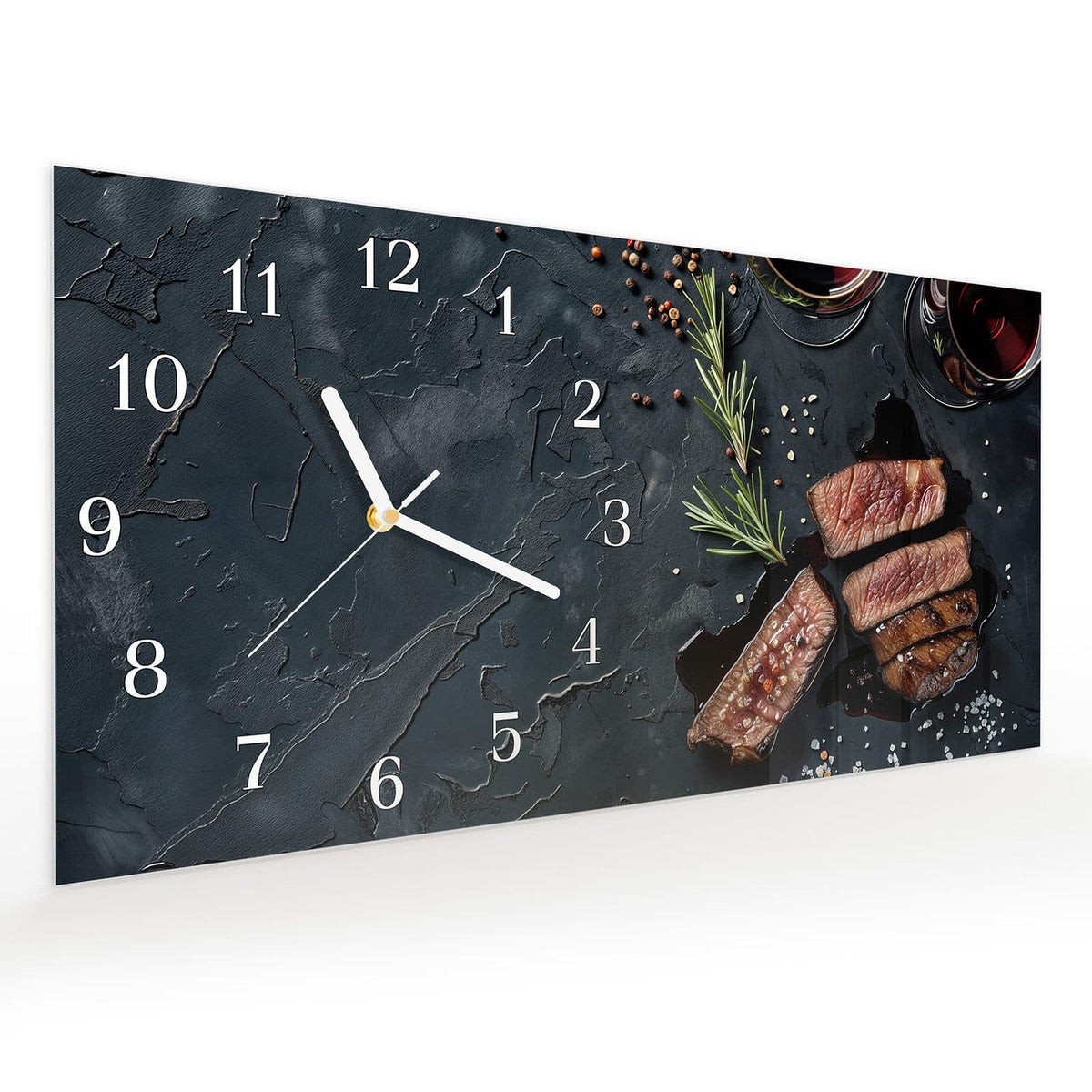 Vormontiert – mit Schwebeeffekt – Wanduhr Steak und Rotwein aus Glas – Querformat 60 × 30 cm