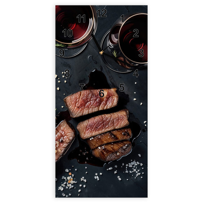 Wanduhr Steak und Rotwein aus Glas – Hochformat 30 × 60 cm mit Ziffernblatt Modern