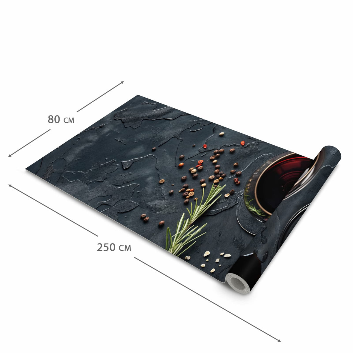 Feuchtigkeitsresistenter Teppich für die Küche mit Motiv Steak und Rotwein in der Grösse 80x280 cm