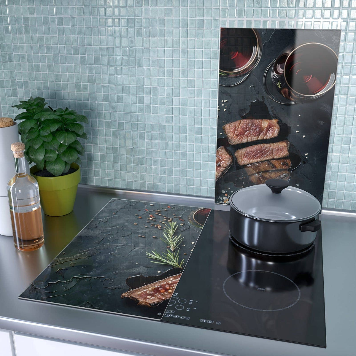 2-teilige Abdeckplatten für den Herd mit Steak und Rotwein-Motiv als Spritzschutz hinter dem Kochfeld