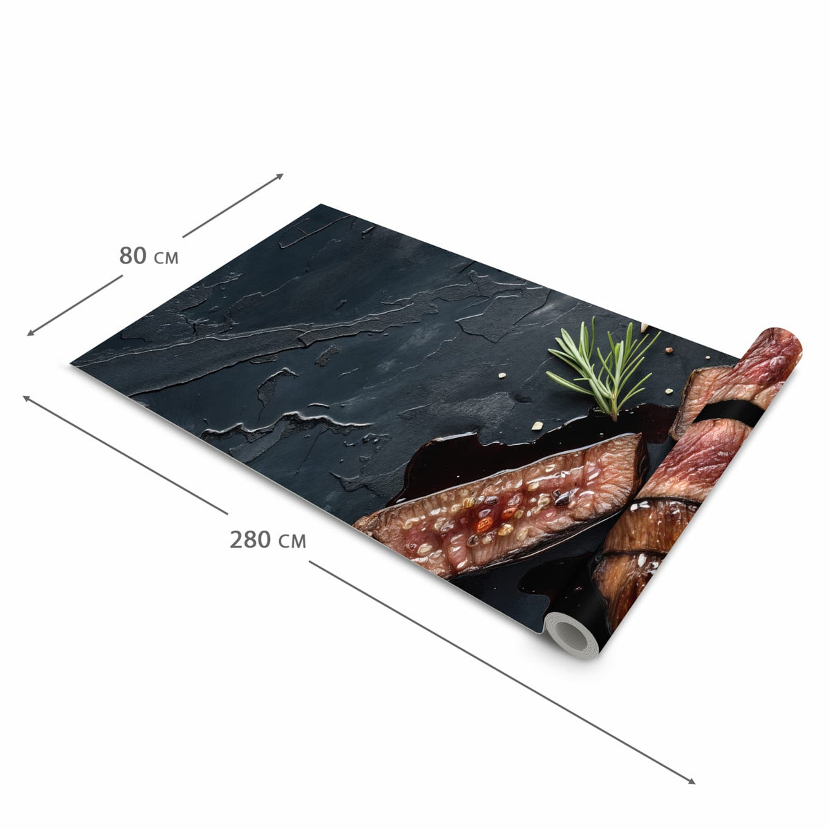 Bodenschonender Küchenteppich mit Motiv Steak und Rotwein in der Grösse 80x280 cm
