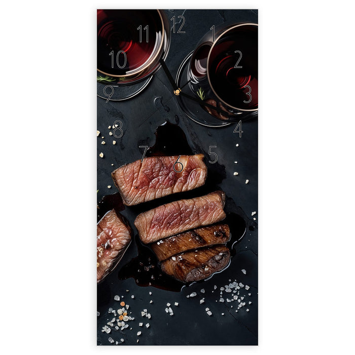 Wanduhr Steak und Rotwein aus Glas – Hochformat 30 × 60 cm mit Ziffernblatt Elegant