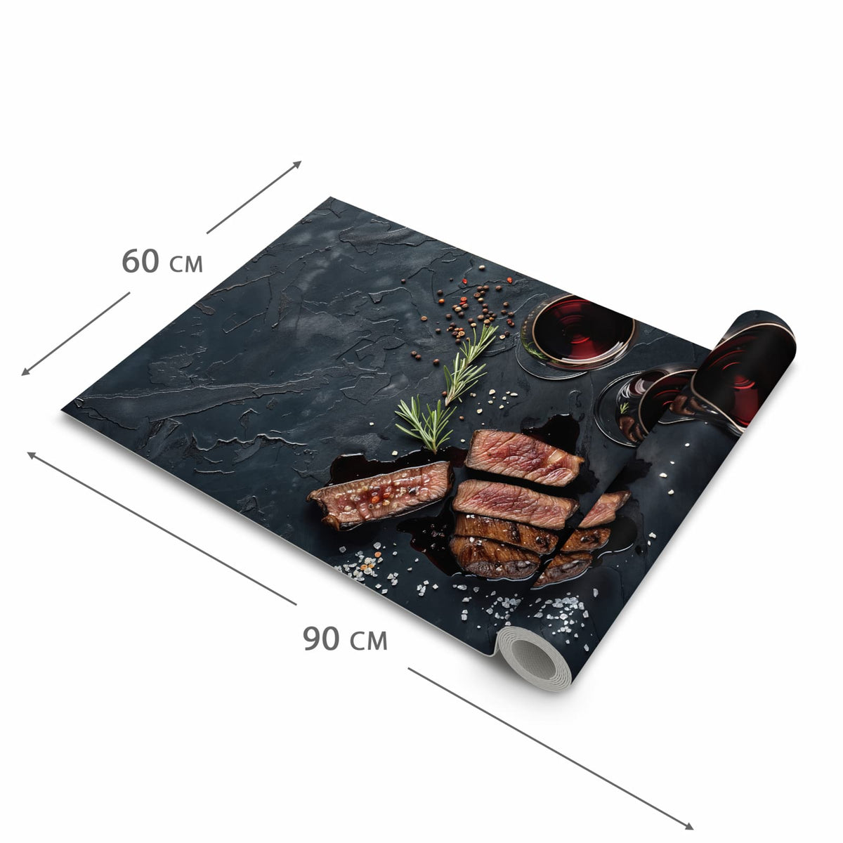 Langlebiger Teppich für Küche mit Motiv Steak und Rotwein in der Grösse 80x280 cm
