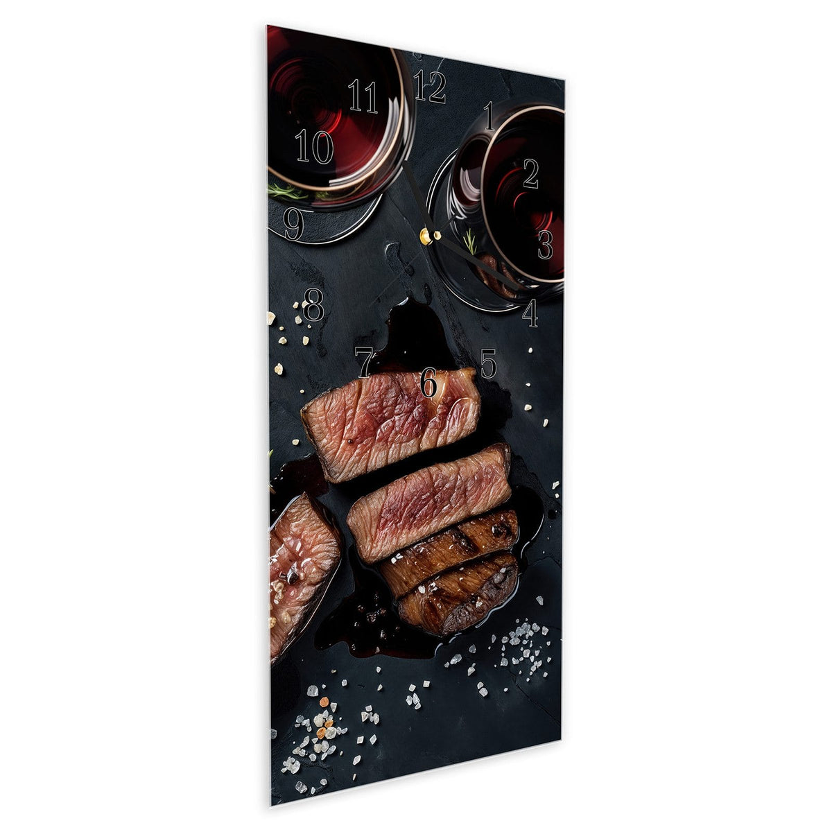 Vormontiert – mit Schwebeeffekt – Wanduhr Steak und Rotwein aus Glas – Hochformat 30 × 60 cm