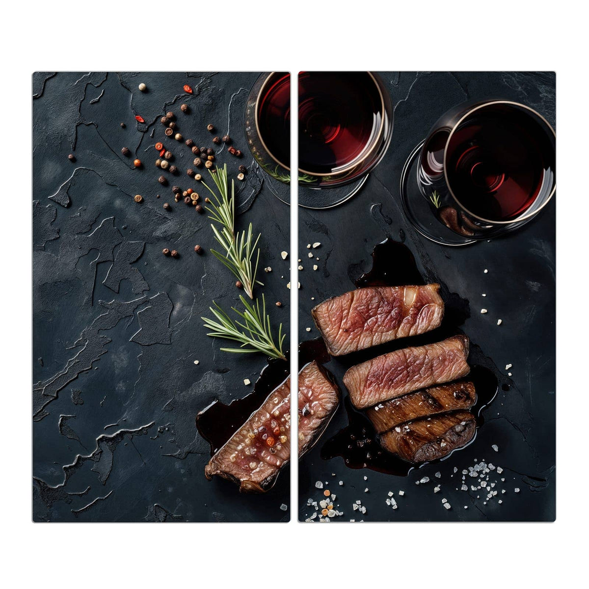 2-teilige Herdabdeckplatte aus Glas mit Steak und Rotwein-Motiv in der Frontansicht #grösse_2-Teilig (60x52cm)
