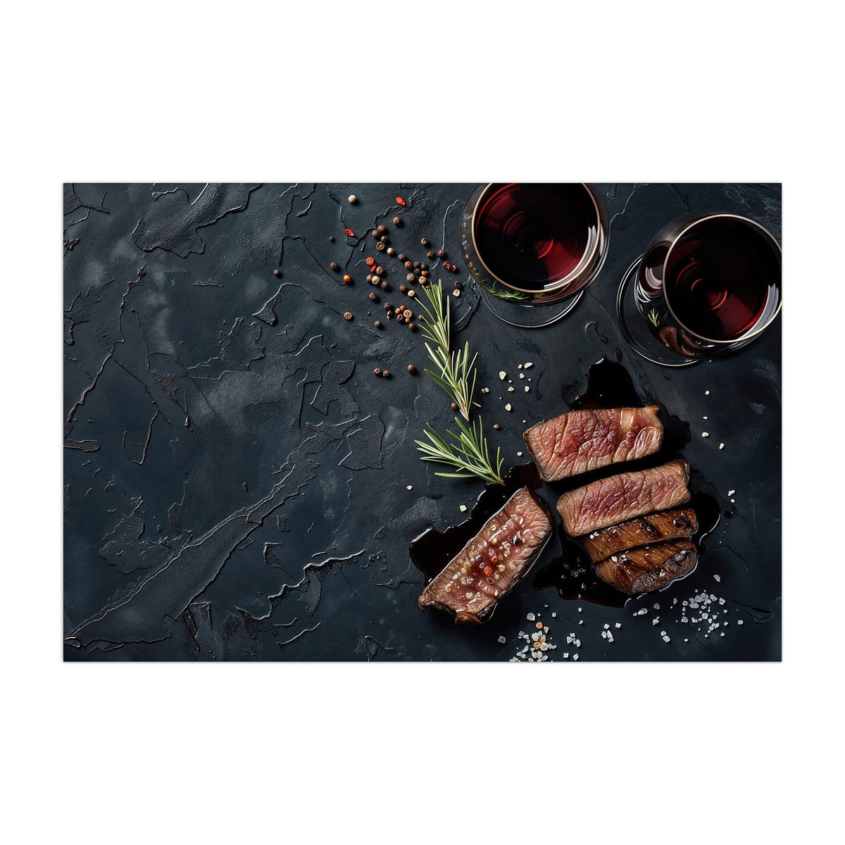 Küchenrückwand aus Glas Steak und Rotwein im Hochformat, Motiv bildfüllend von vorn