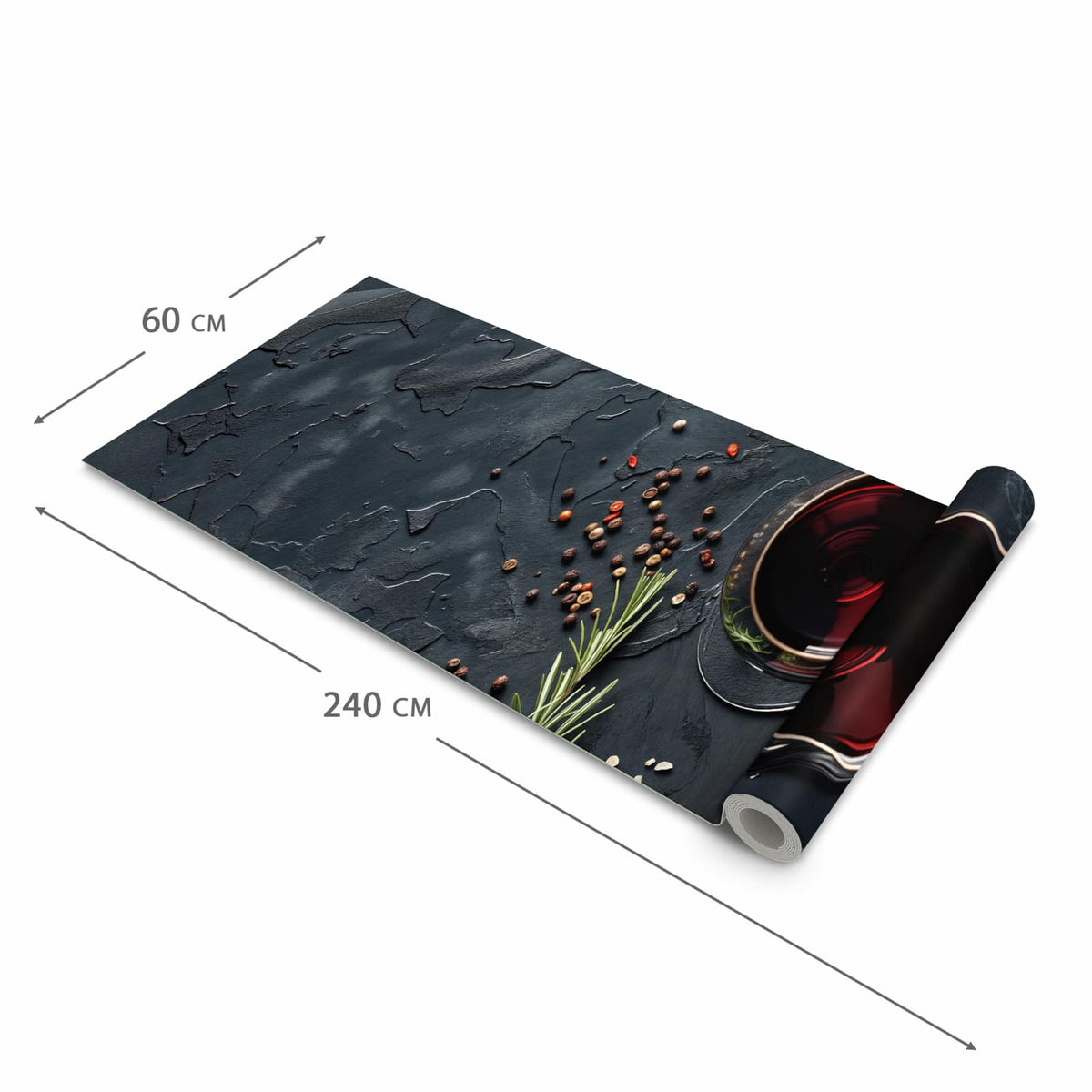 Hygienischer abwaschbarer Küchenteppich mit Motiv Steak und Rotwein in der Grösse 80x280 cm