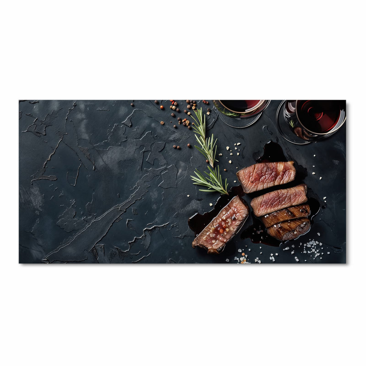 Langlebiger Küchenläufer mit Motiv Steak und Rotwein in Frontansicht