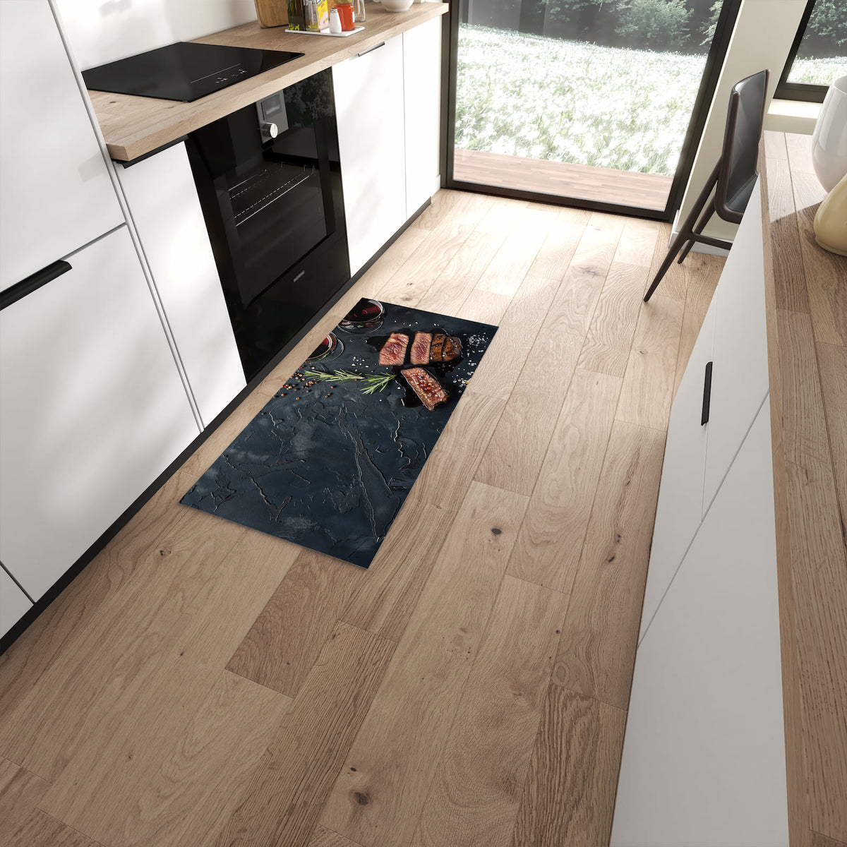Abriebfester Küchenläufer nach Maß mit Motiv Steak und Rotwein in moderner Küche #grösse_60 x 120 cm