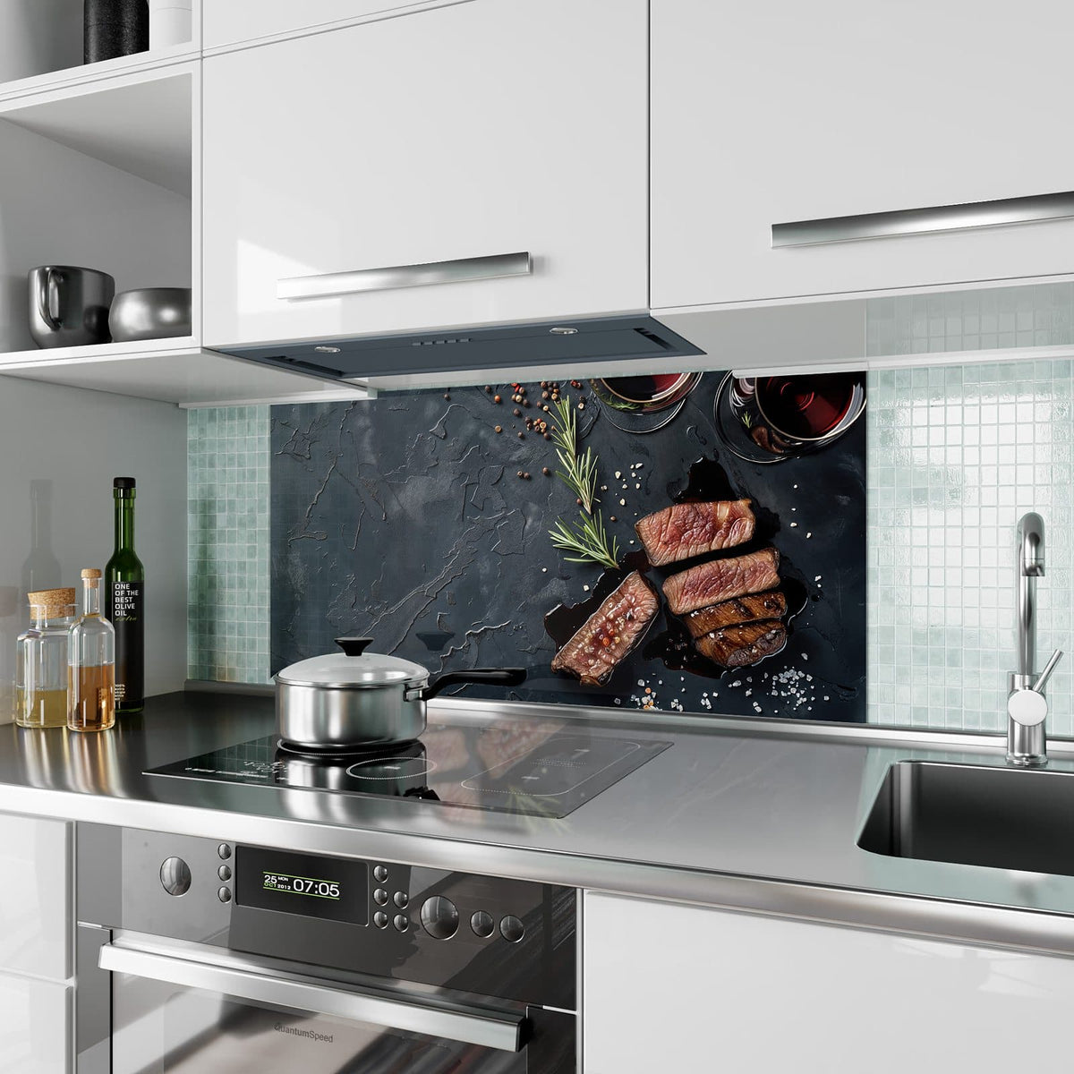 Küchenrückwand aus Glas Steak und Rotwein im Hochformat als Spritzschutz hinter dem Kochfeld, über dem Fliesenspiegel montiert