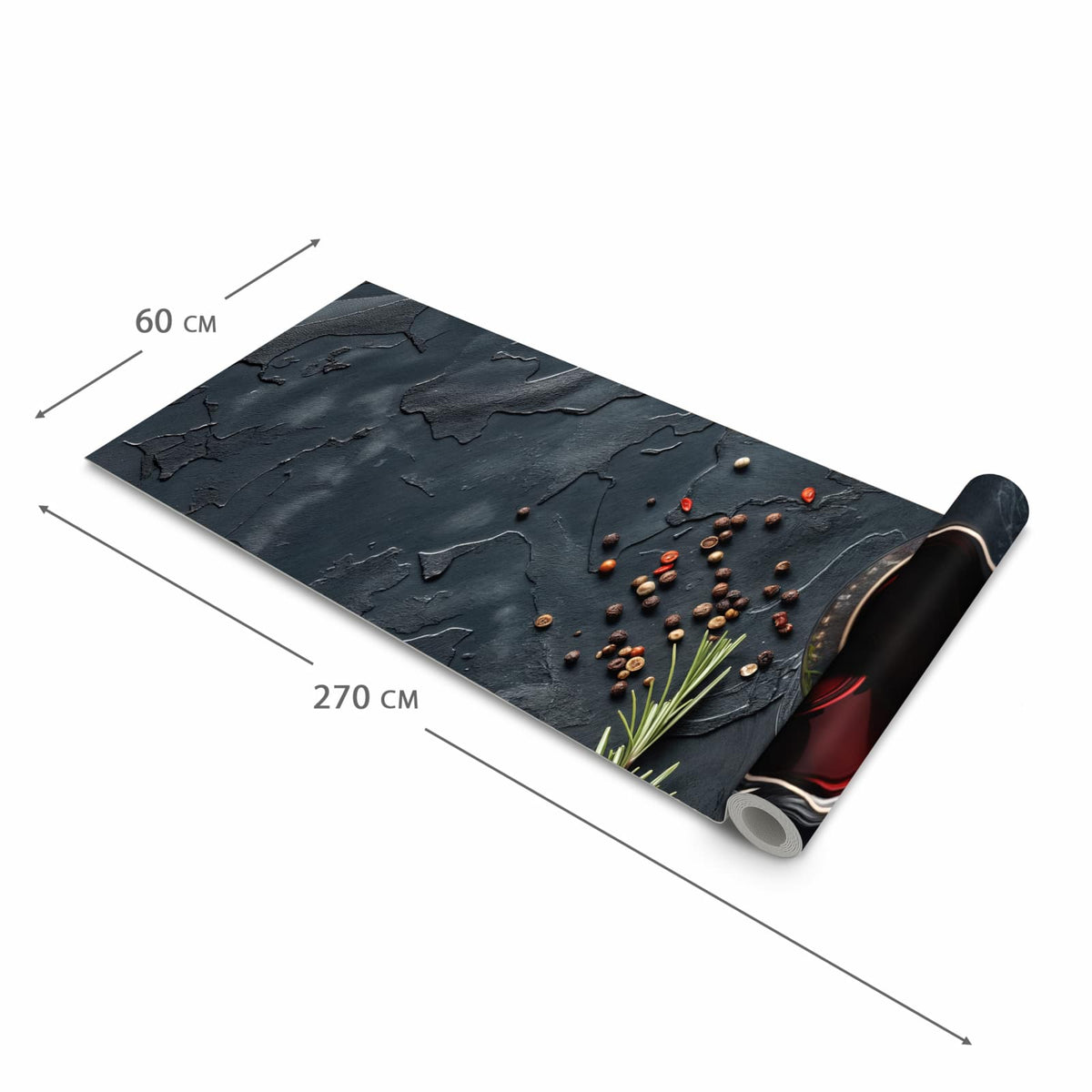 Strapazierfähiger Küchenläufer mit Motiv Steak und Rotwein in der Grösse 80x280 cm