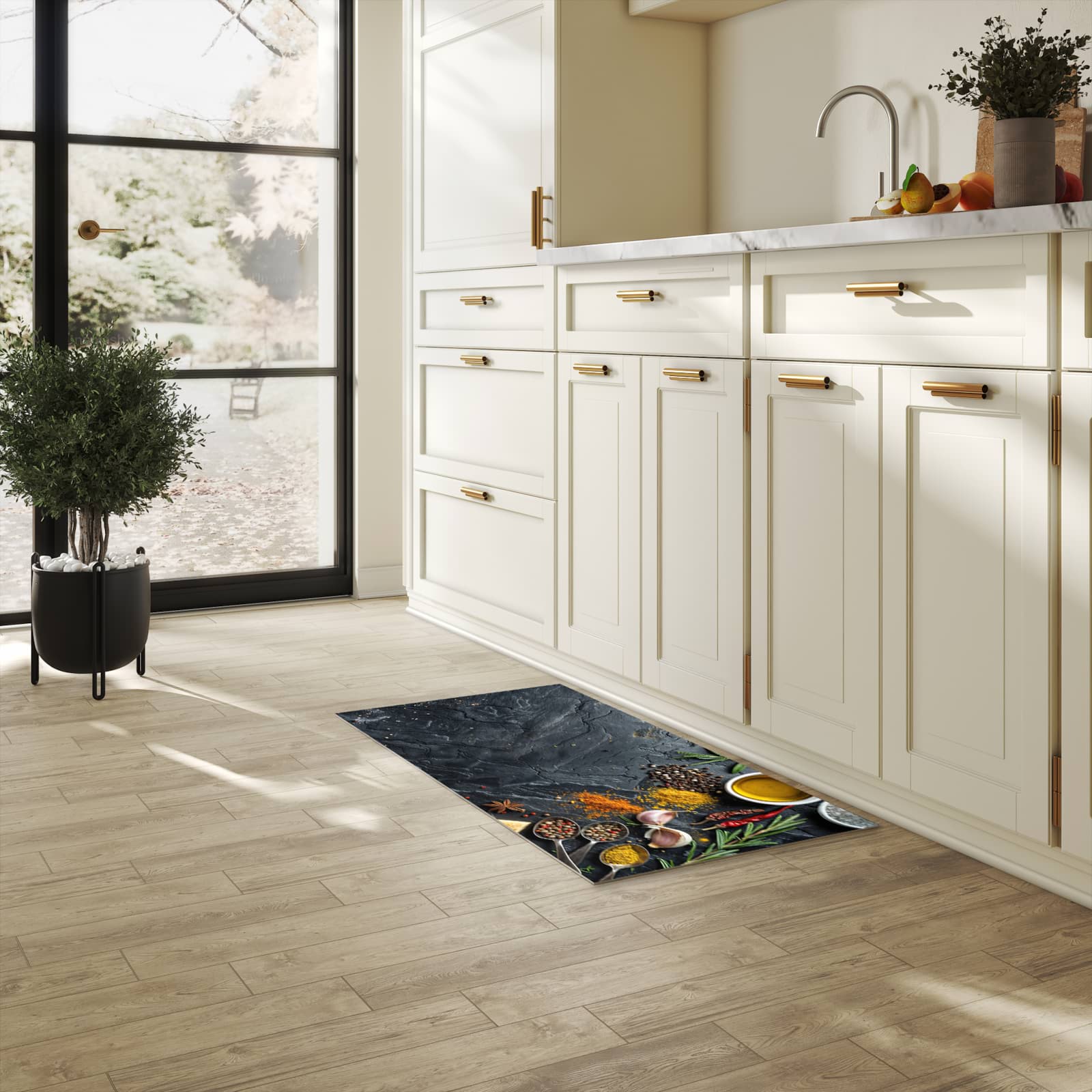 Feuchtigkeitsresistenter Küchenteppich mit Motiv Küche Zutaten in heller Küche