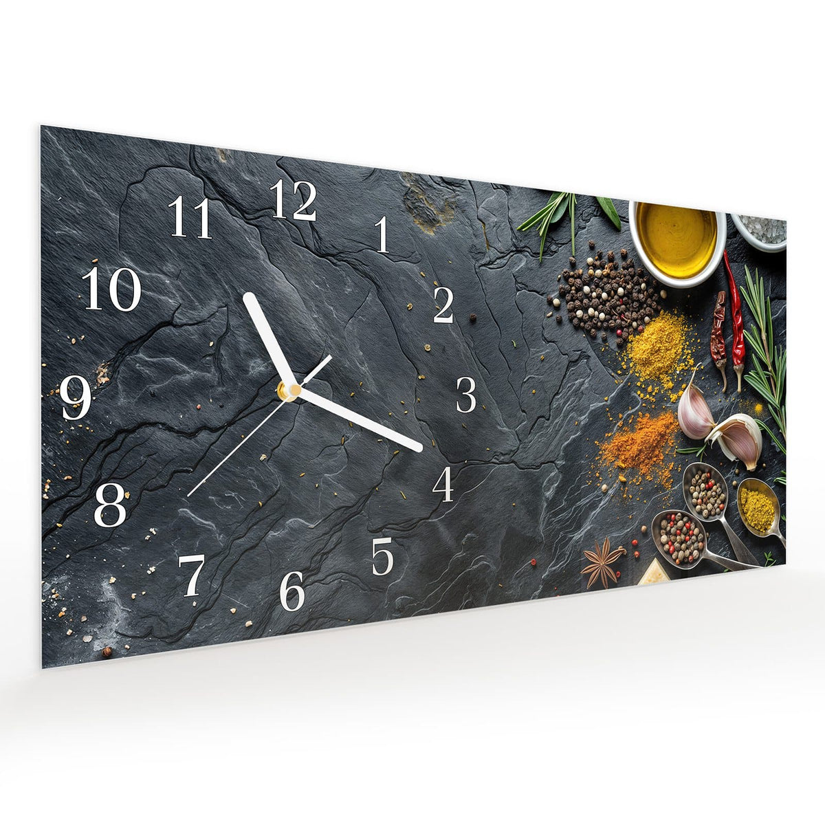 Vormontiert – mit Schwebeeffekt – Wanduhr Küche Zutaten aus Glas – Querformat 60 × 30 cm