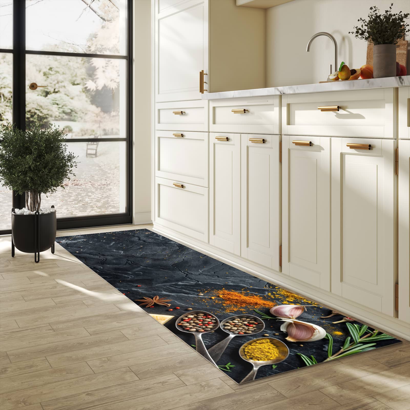 Abriebfester Küchenläufer mit Motiv Küche Zutaten in heller Küche