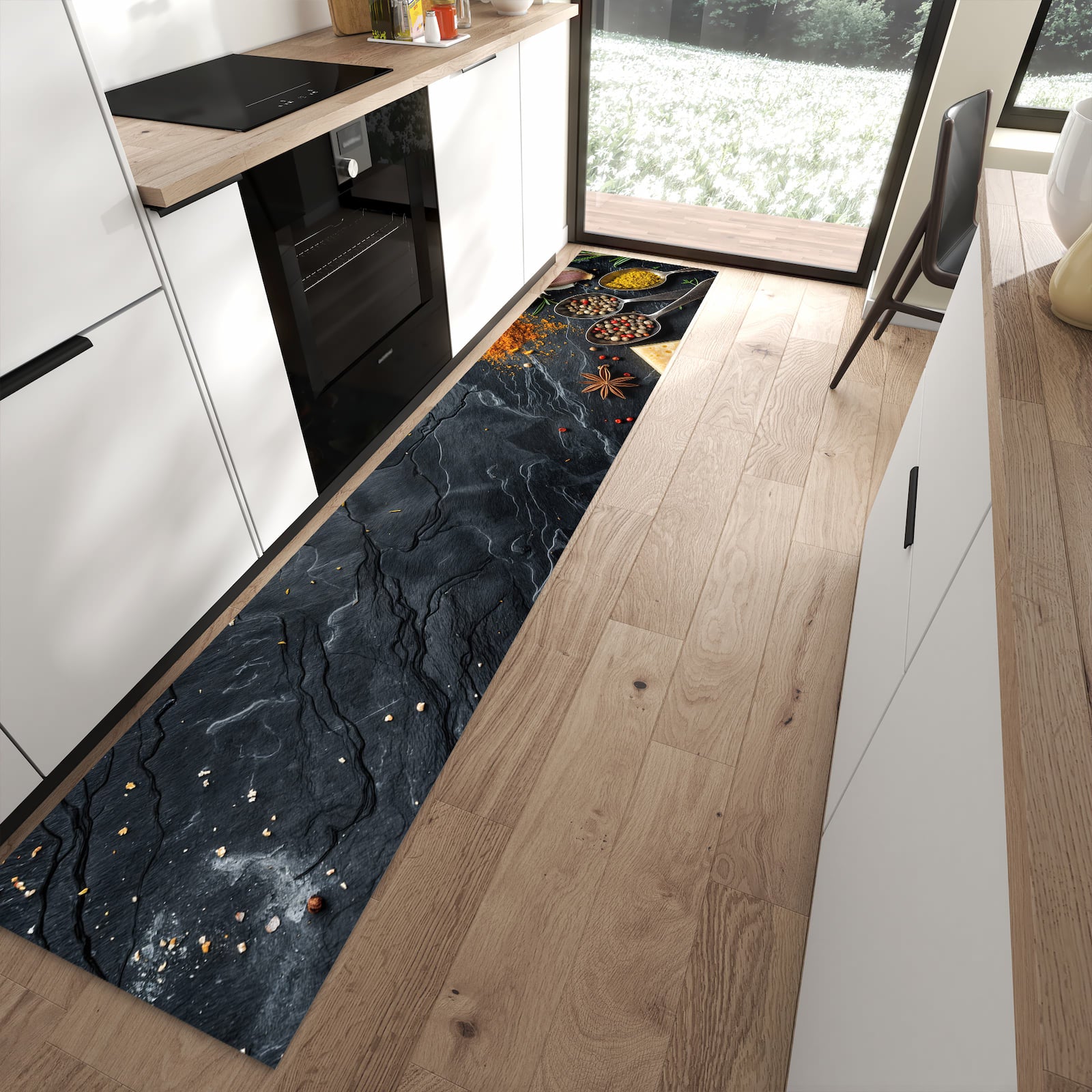 Waschbarer Küchenläufer mit Motiv Küche Zutaten in moderner Küche