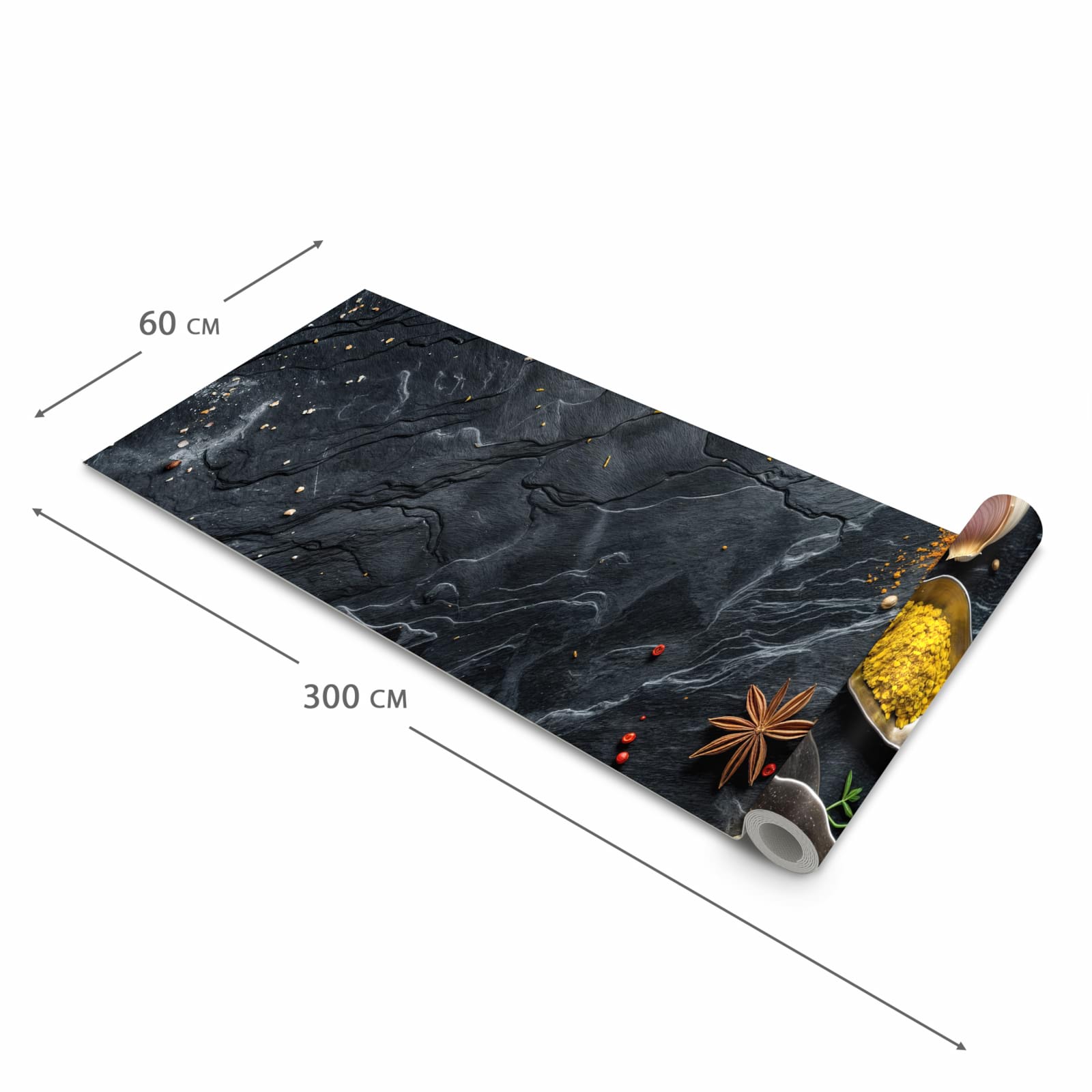 Dünner waschbarer Küchenteppich mit Motiv Küche Zutaten in der Grösse 60x150 cm