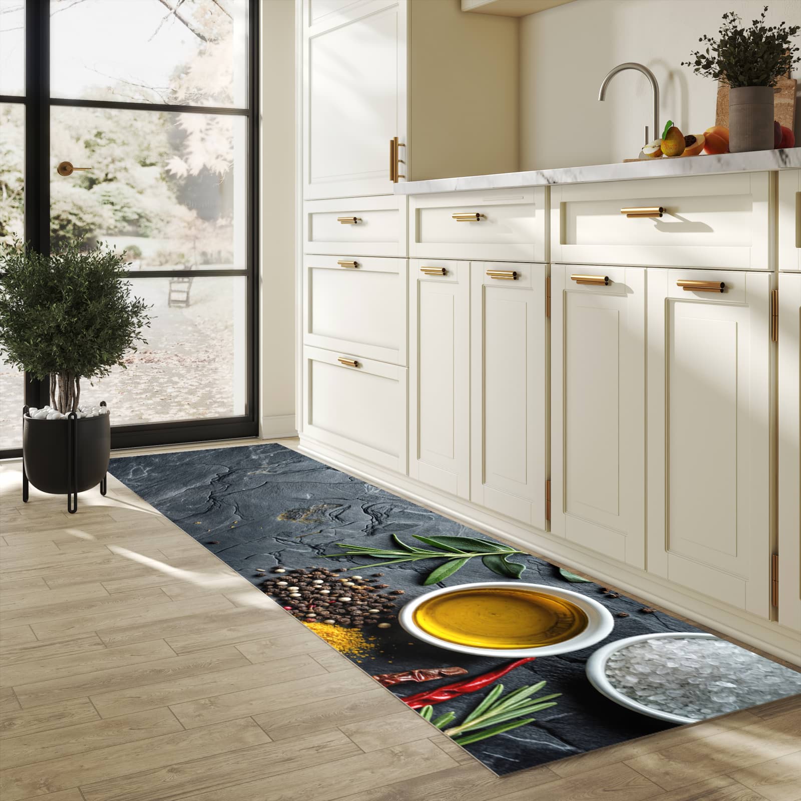 UV-beständiger Küchenläufer mit Motiv Küche Zutaten in heller Küche