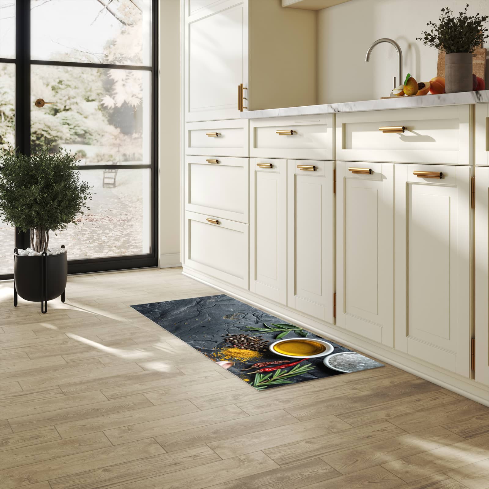 Rutschfester Küchenteppich mit Motiv Küche Zutaten in heller Küche schützt den Boden