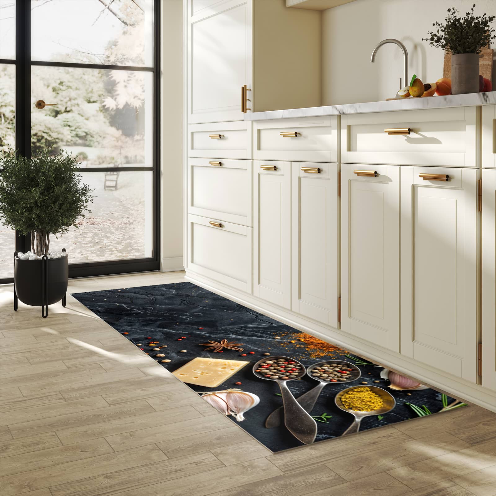 Geräuschdämpfender Küchenläufer mit Motiv Küche Zutaten in heller Küche