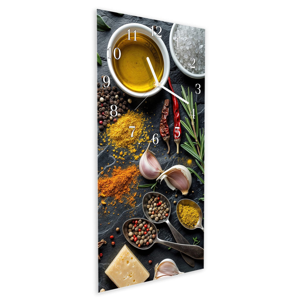Vormontiert – mit Schwebeeffekt – Wanduhr Küche Zutaten aus Glas – Hochformat 30 × 60 cm