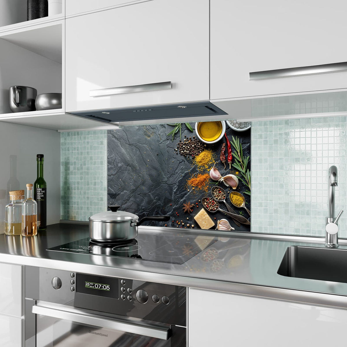 Küchenrückwand aus Glas Gewürze und Olivenöl im Hochformat als Spritzschutz hinter dem Kochfeld, über dem Fliesenspiegel montiert