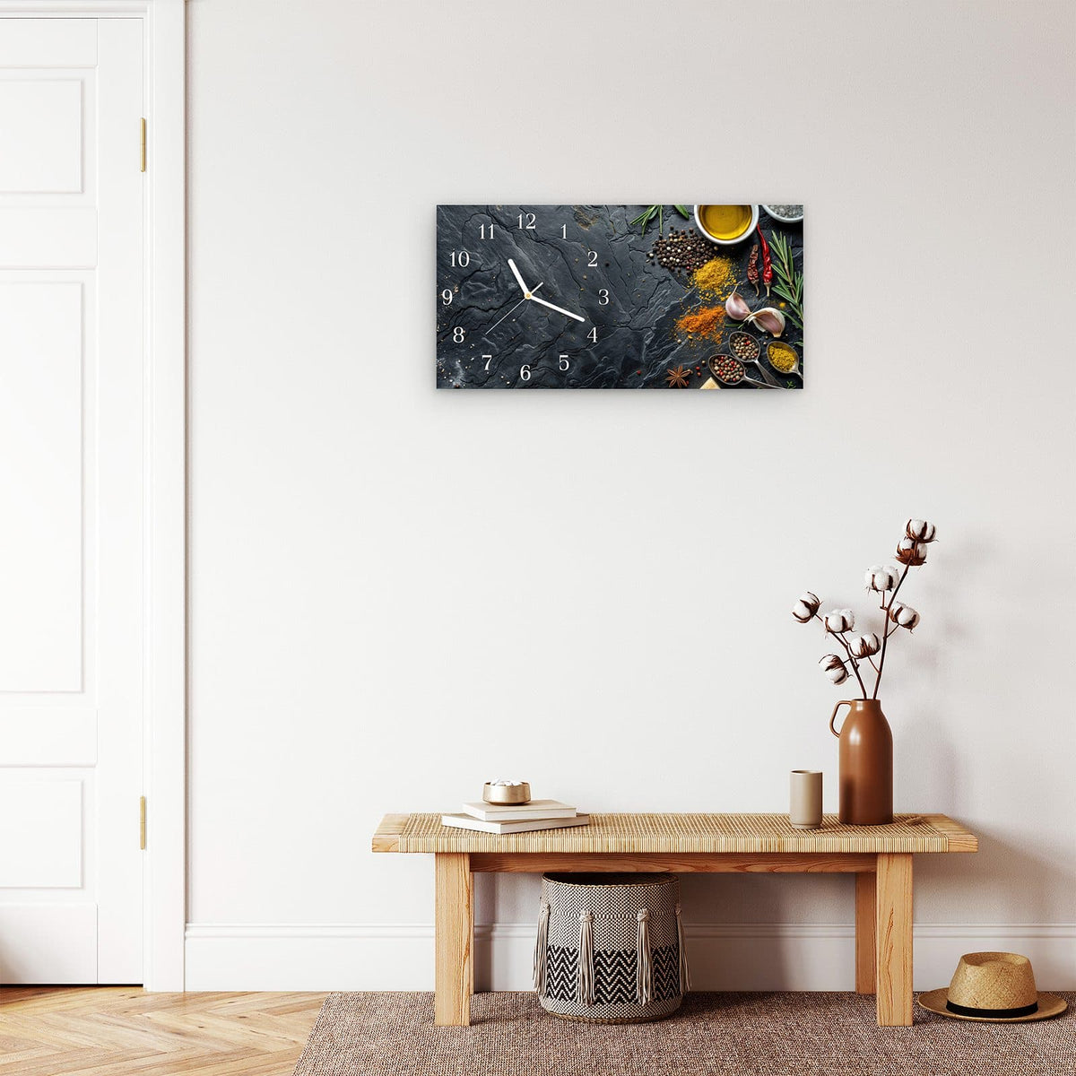 Moderne Wanduhr aus Glas mit Farbtiefe – Wanduhr Küche Zutaten aus Glas – Querformat 60 × 30 cm