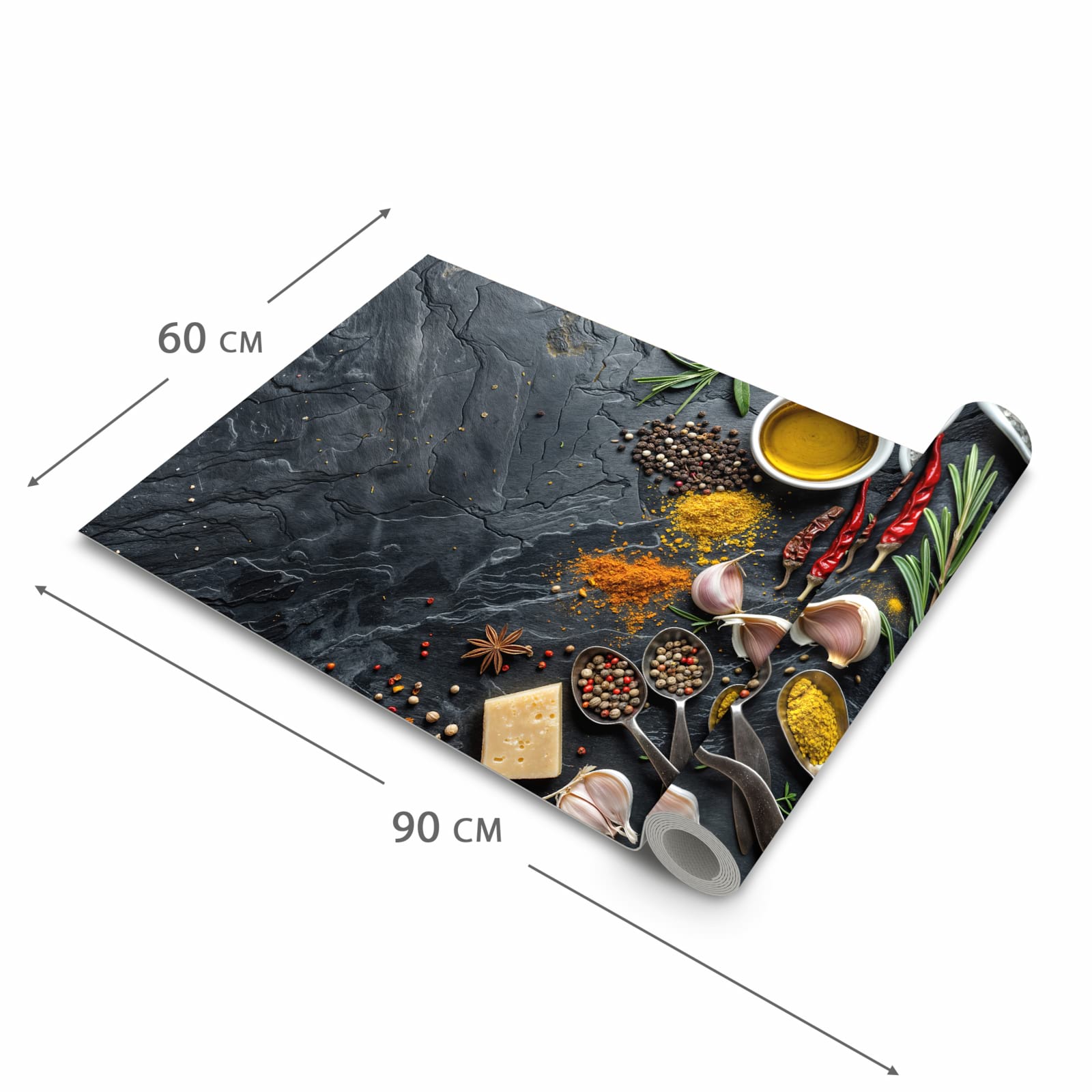 Bodenschonender waschbarer Teppich fürs Esszimmer mit Motiv Küche Zutaten in der Grösse 60x150 cm