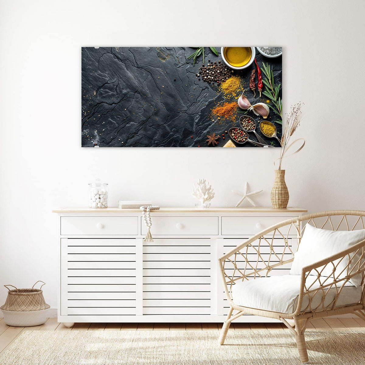 Echtglas, 4 mm – kein Acryl, keine Folie – Wandbild - Gewürze und Olivenöl - Querformat