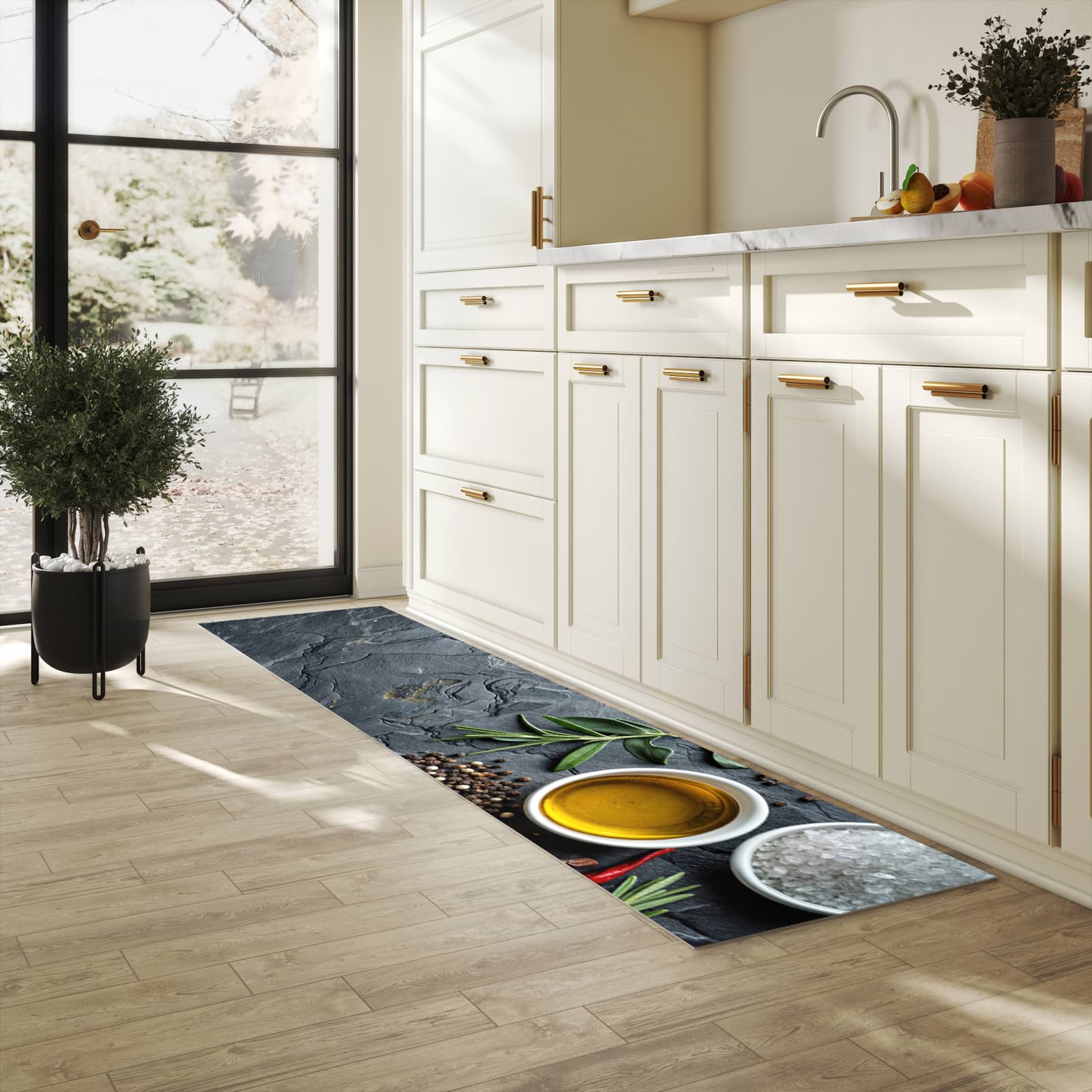 Farbbeständiger waschbarer Küchenteppich mit Motiv Küche Zutaten in heller Küche