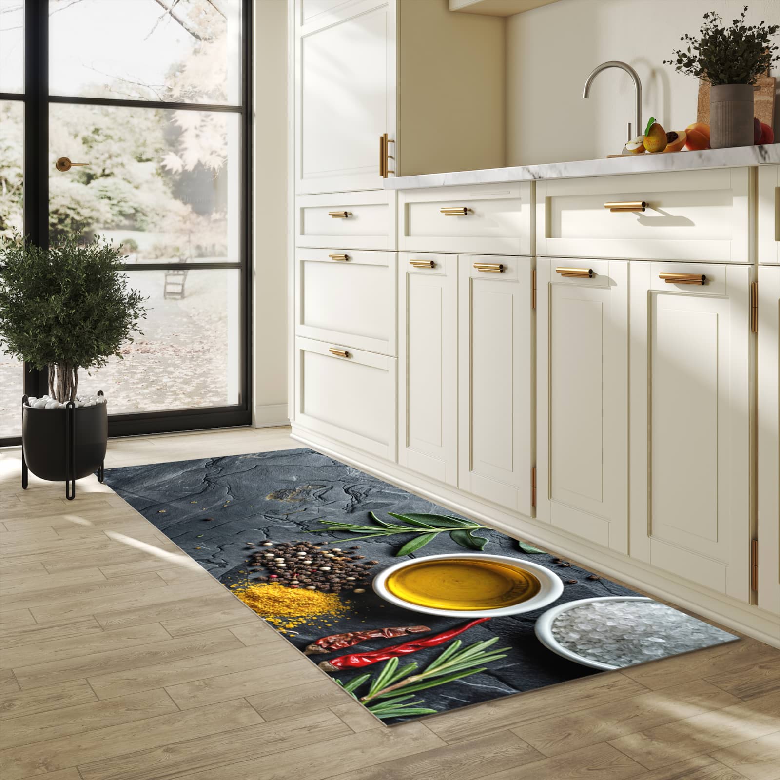 Wasserabweisender rutschfester Küchenläufer mit Motiv Küche Zutaten in heller Küche
